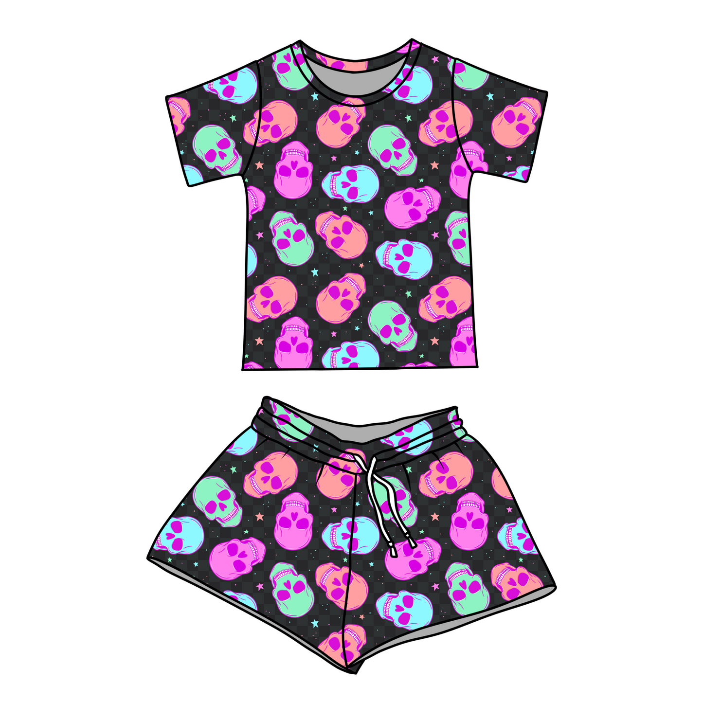 ADULT NEON SKULLS - SHORTS SET