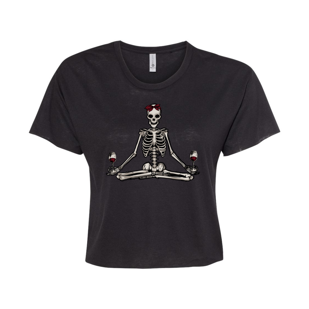Namaste Wine Skelly - cropped Black Tee