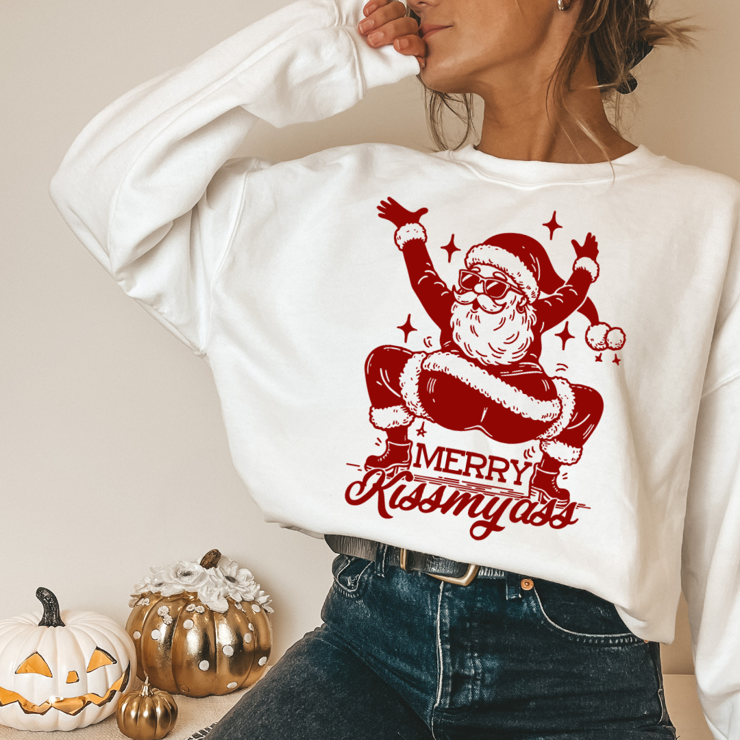 Merry Kiss My A*S- White Crewneck Sweater