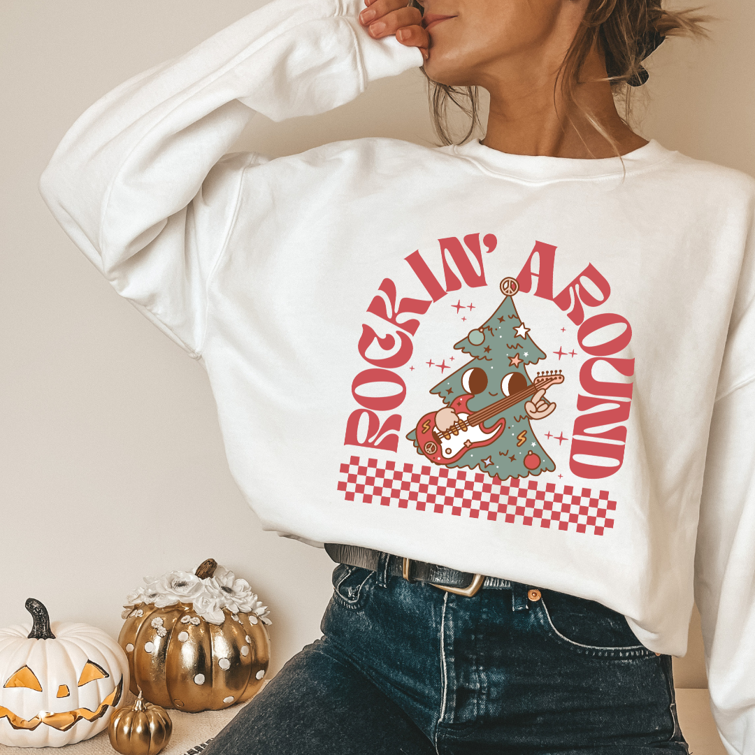 Rockin' Around- White Crewneck Sweater