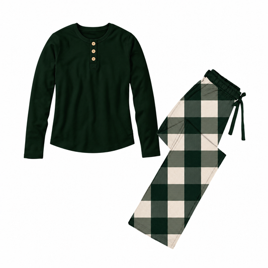 *** PRE-ORDER *** WINTER PINES PLAID- ADULT- SOLID TOP & DRAWSTRONG PANTS SET