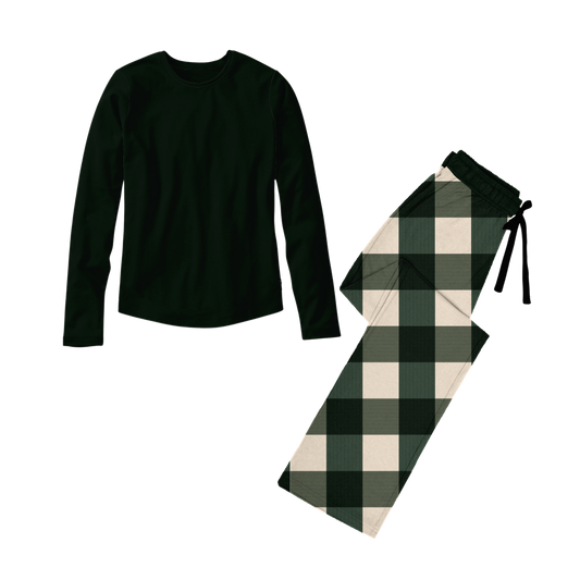 *** PRE-ORDER *** WINTER PINES PLAID- ADULT- SOLID TOP & DRAWSTRONG PANTS SET