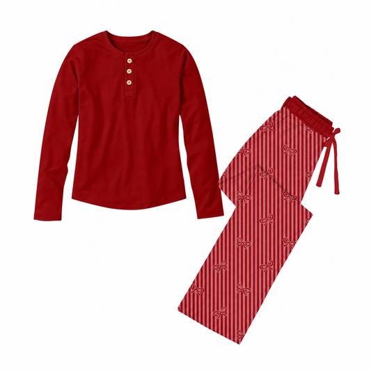 *** PRE-ORDER ** PRETTY IN BOWS - ADULT SOLID TOP & DRAWSTRONG PANTS SET